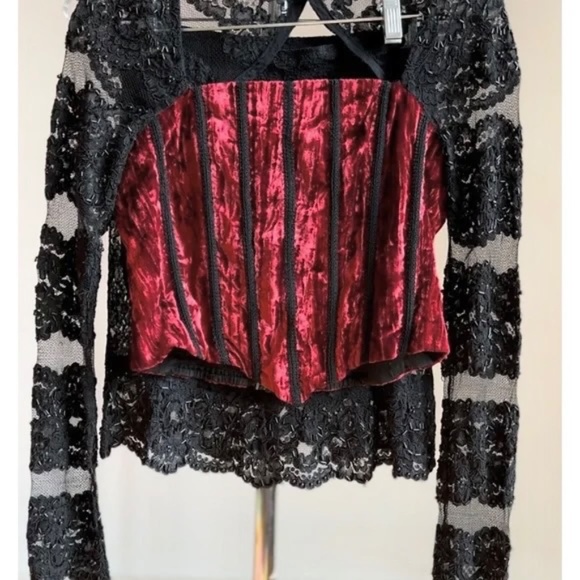 Vintage KATZ Womens Set Handmade Red Velvet Corset Top Lace Black Bead Skirt M - Picture 5 of 12
